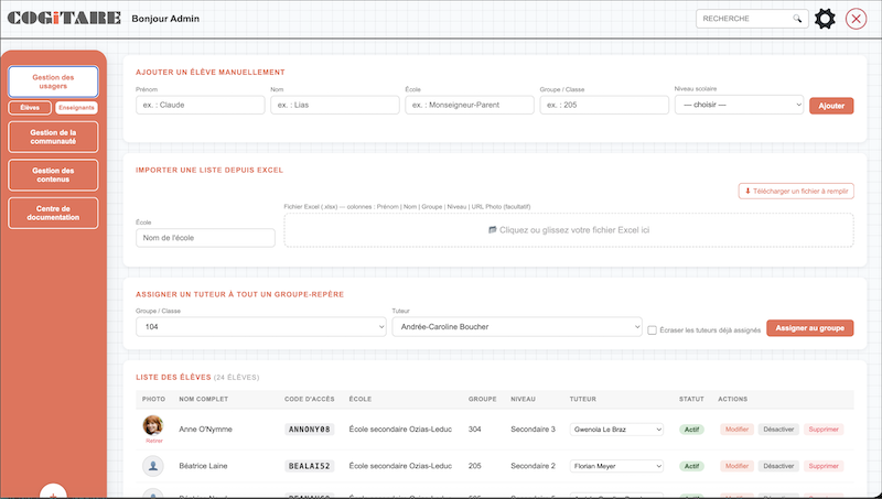 Interface administrateur de Cogitare